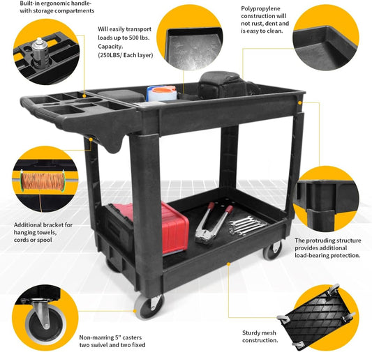Heavy Duty 2‑Shelf Service Cart 500 Lb Capacity Polypropylene Utility Cart with 5" Non‑Marring Casters Deep Trays and Built‑In Tool Storage for Garage Warehouse Workshop (80855)